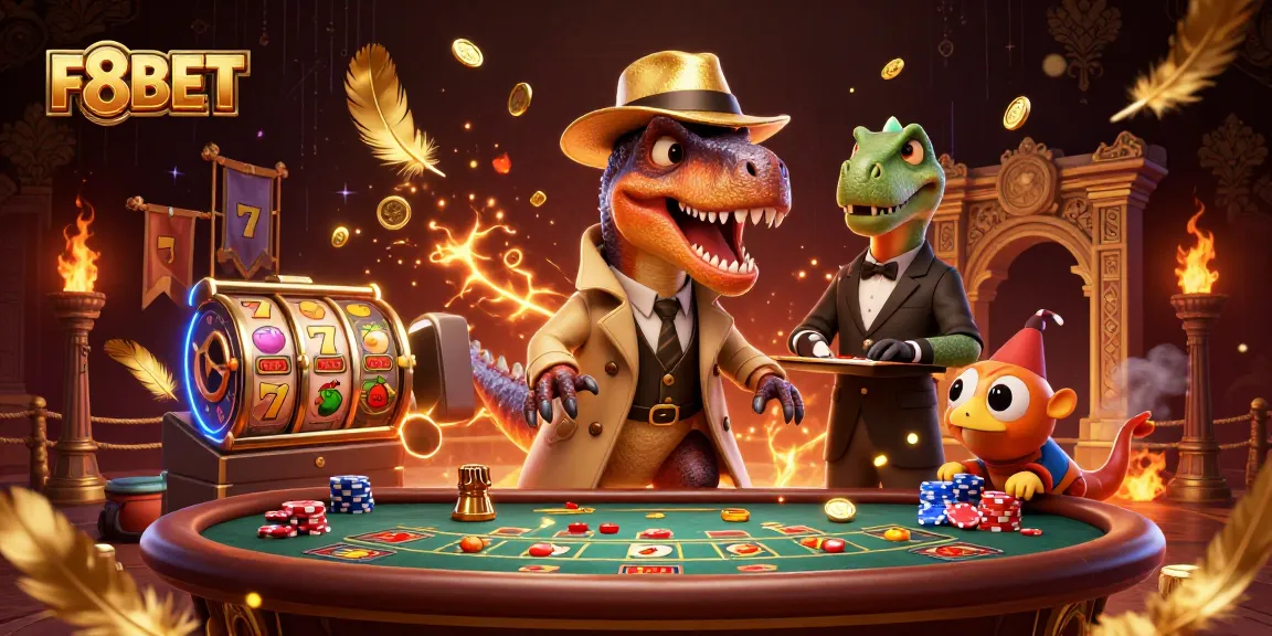 Experience thrilling gameplay at F8BET with a velociraptor card counter and stegosaurus pit boss in a vibrant casino setting.