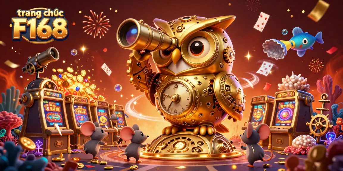 Experience excitement at trang chủ F168 with a golden owl overseeing a vibrant casino floor filled with treasures and games.