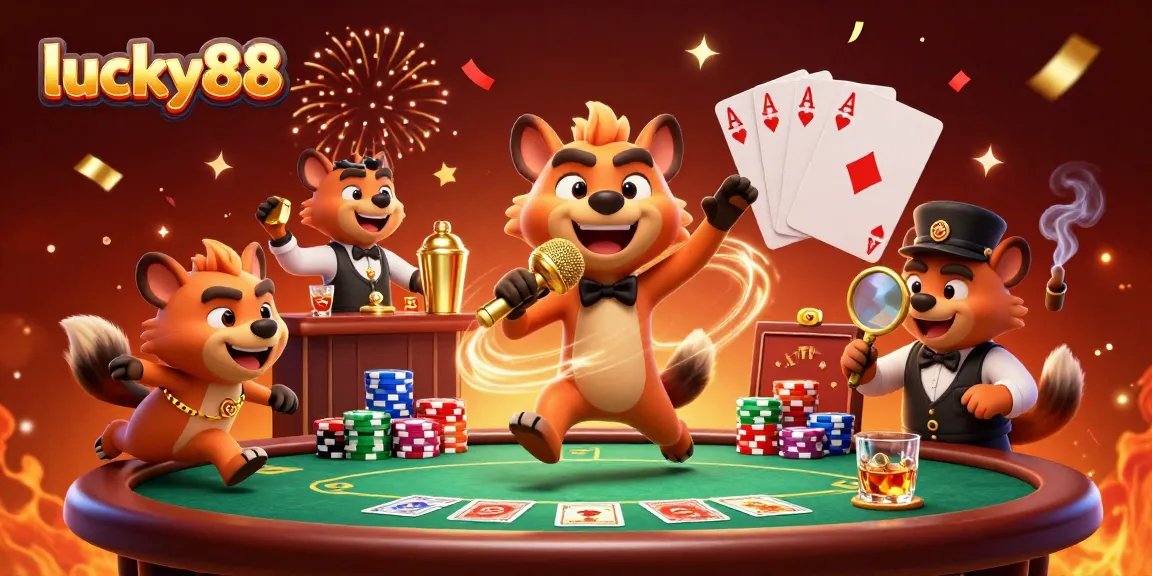 Experience the excitement of lucky88 in a vibrant casino scene with hyenas and gaming elements.