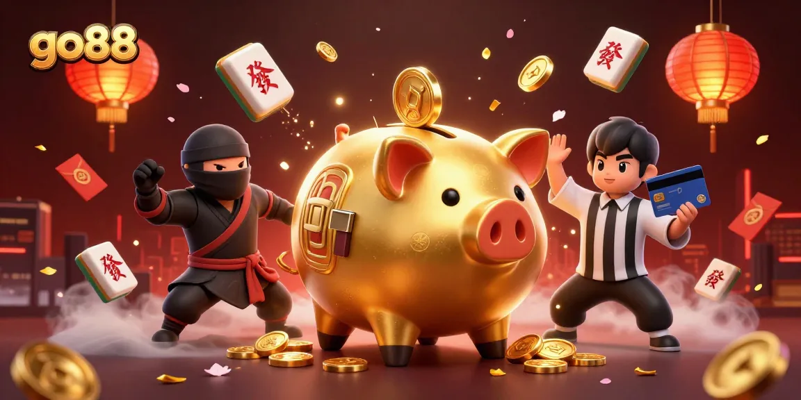 Engage with go88’s thrilling gameplay featuring a dynamic golden piggy bank sumo wrestler and vibrant casino elements.