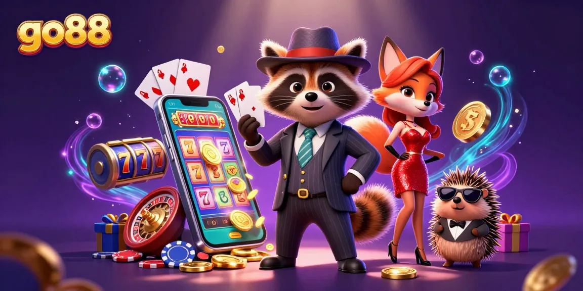 Experience thrilling action at go88 with a suave raccoon, fox lady, and bouncer amidst vibrant slot games and riches.