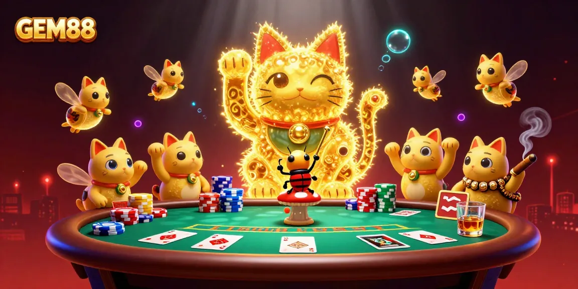 Experience GEM88 with a vibrant 3D casino illustration filled with festive gaming elements and excitement.