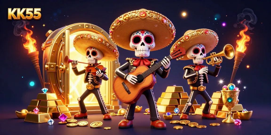 Experience the thrilling world of KK55 with vibrant mariachi characters amidst riches and casino elements.