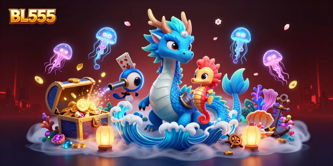 Experience BL555's thrilling oceanic adventures with a vibrant dragon, seahorse knight, and glowing jellyfish.