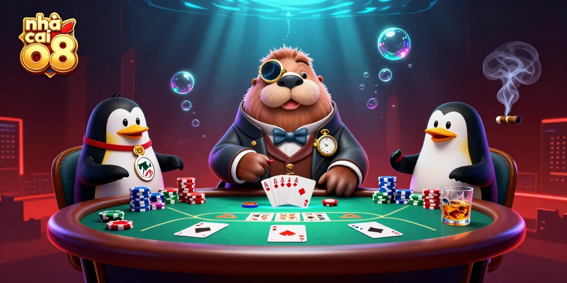 nhà cái o8 showcases a jolly walrus playing poker beneath the sea, emphasizing humorous gaming action.