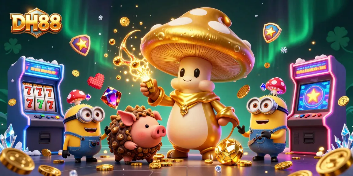 Experience the magic of DH88 as the golden mushroom wizard unleashes treasure in an epic online casino scene.