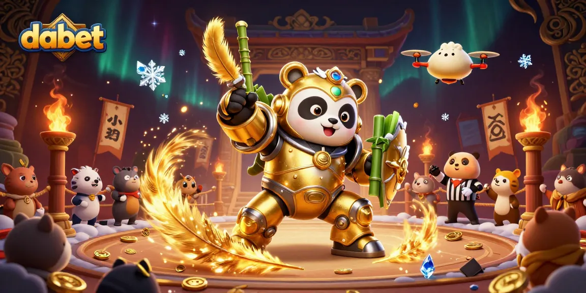 dabet showcases a mech-suit golden panda battling in an exciting casino arena filled with gold coins.