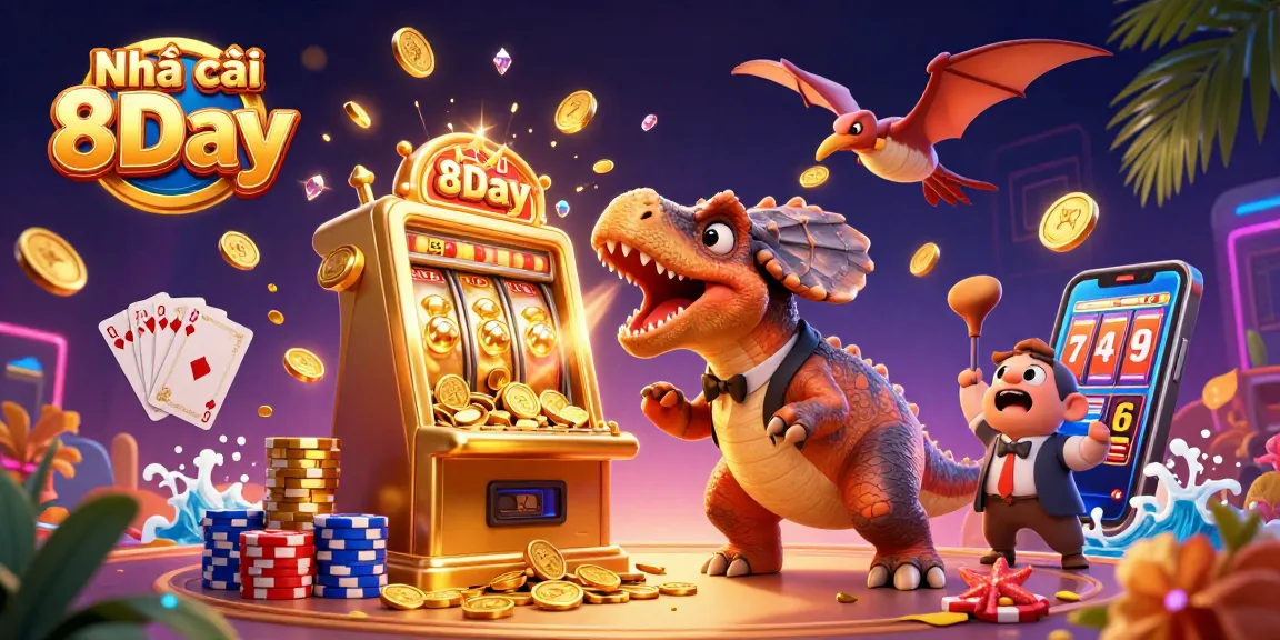 Experience the thrill of Nhà cái 8Day with dynamic elements like jackpot wins, coins, and casino excitement.