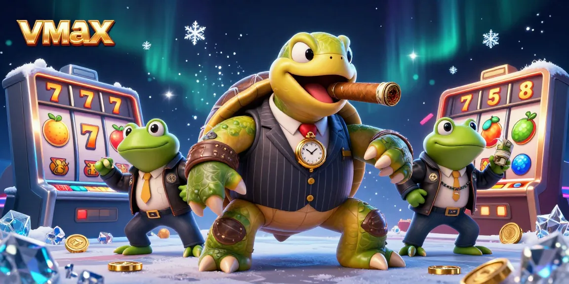 Experience fun betting at vmax with a giant turtle and frog enforcers in a lively casino.