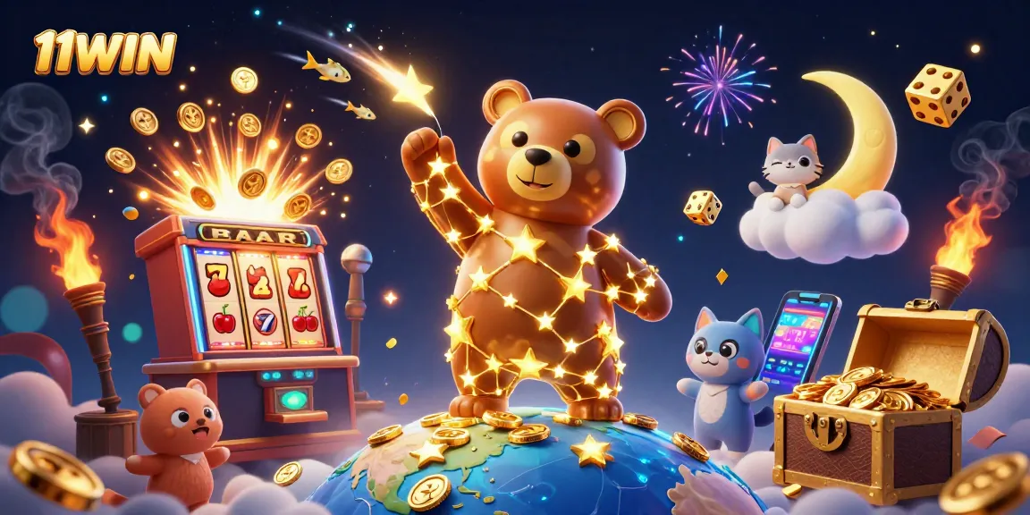 Experience excitement with 11WIN as constellation bear scoops coins from a jackpot scene.