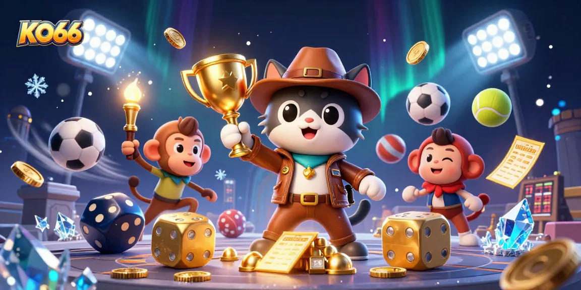 Explore KO66's exciting casino adventure with a cartoon explorer cat and his monkey companion.