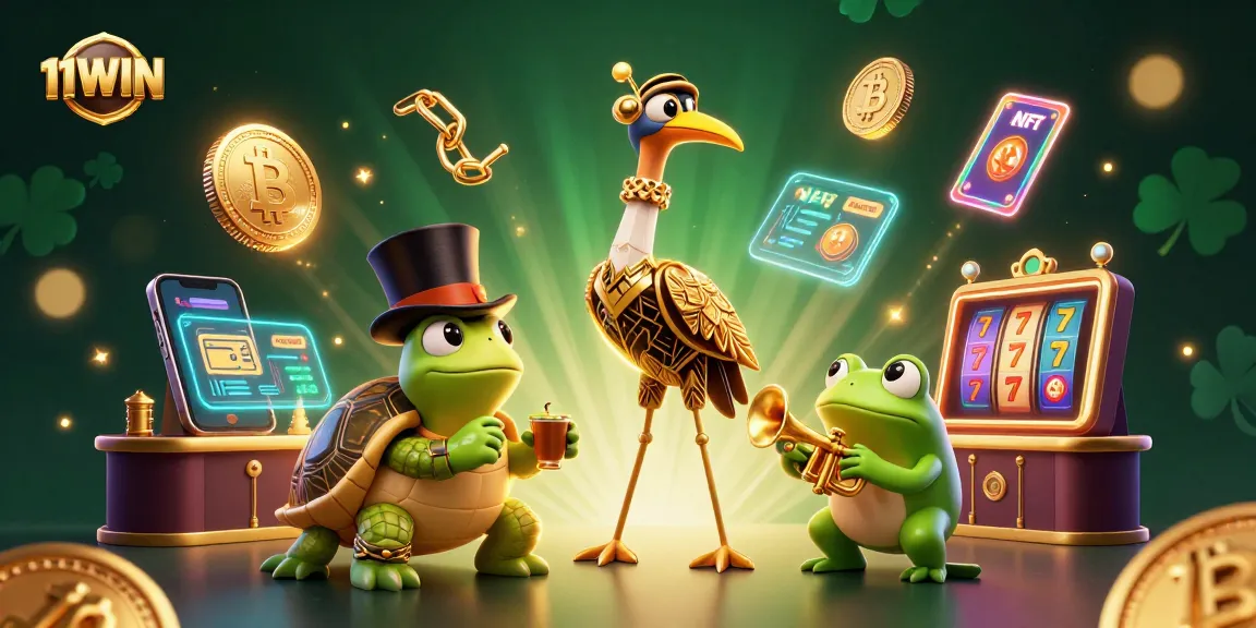 Experience the excitement of 11WIN with a vibrant 3D casino illustration featuring characters and crypto elements.
