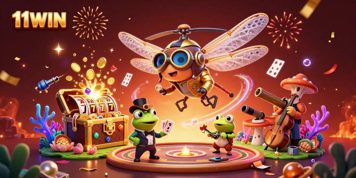 Join the 11WIN adventure with whimsical characters at a vibrant lily pad casino brimming with excitement.
