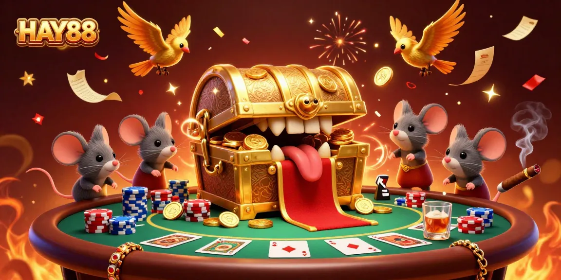 Experience the allure of HAY88 with a vibrant casino scene featuring treasure chests and poker elements.