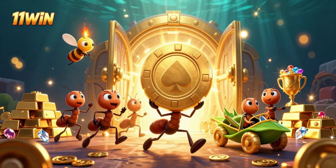 Ants in a tunnel carrying a giant poker chip for 11WIN, illuminated by golden treasures.