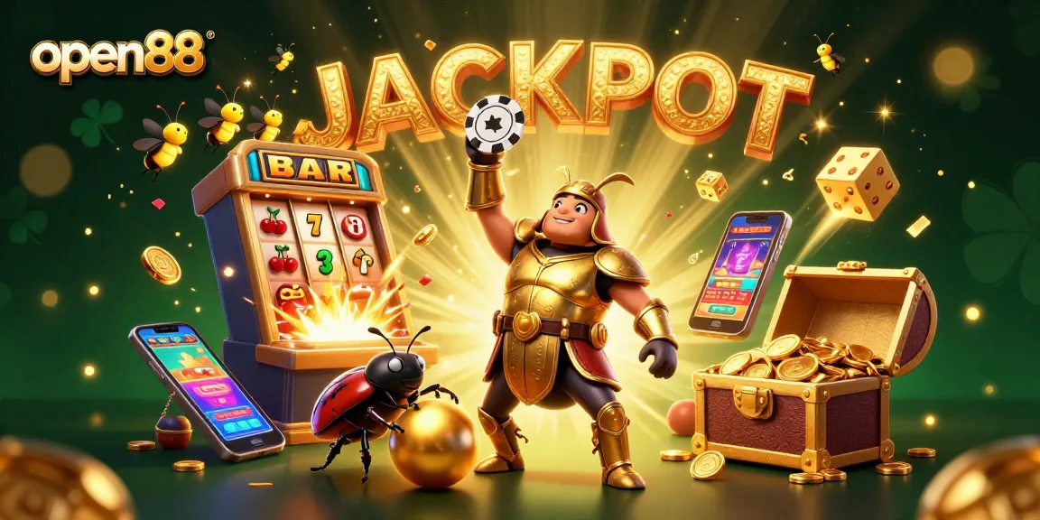 Experience exhilarating action at open88 with a victorious beetle championing casino wins surrounded by dazzling games.