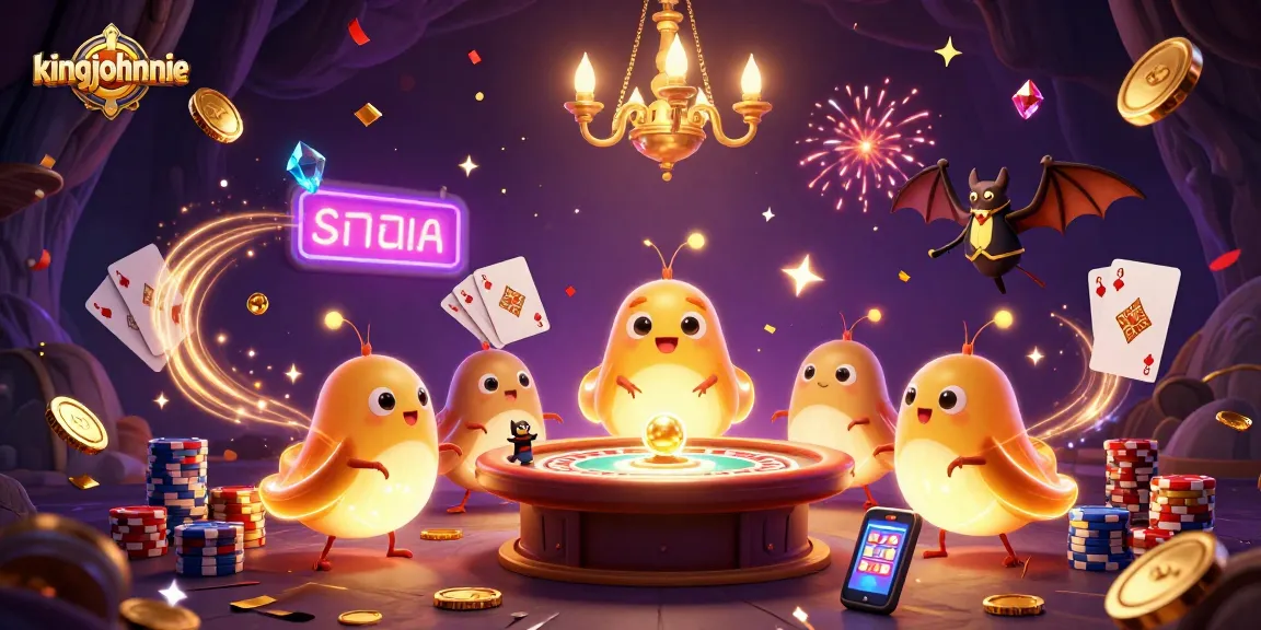Experience kingjohnnie's vibrant cave casino with glowing glowworms and dynamic game elements in this vivid illustration.