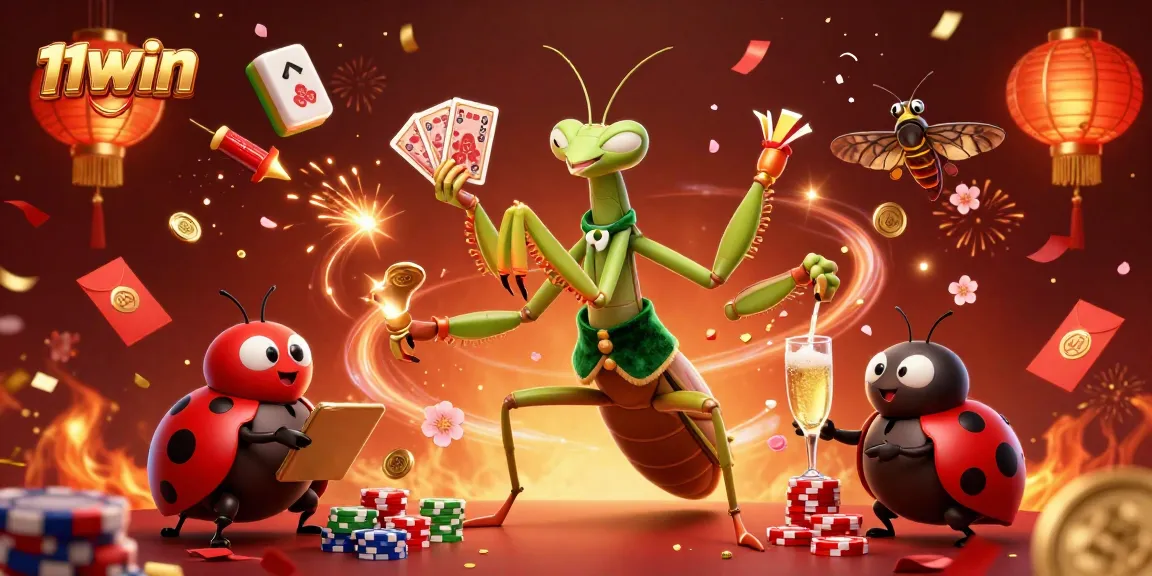 Experience the vibrant excitement at 11WIN as the giant mantis card sharp and ladybug pit boss create a lively casino scene.