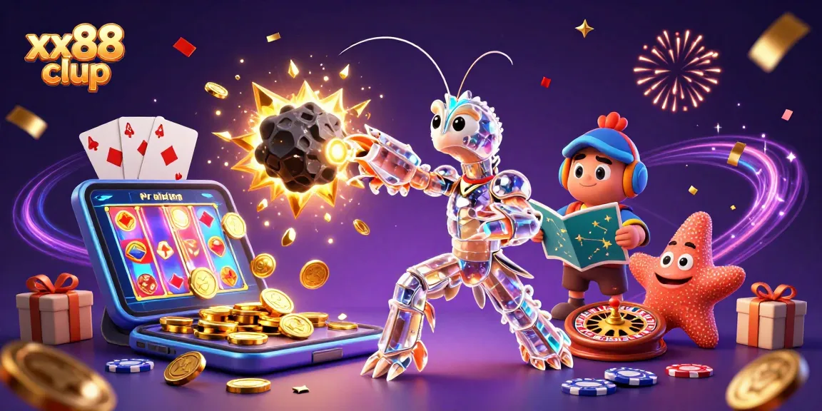 Experience thrilling casino action with xx88 clup in this enchanting 3D digital scene showcasing vibrant slot games and rewards.