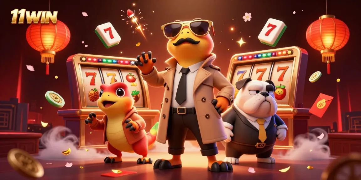 Experience the thrill of 11WIN with raptors in a trench coat entering a vibrant casino scene.