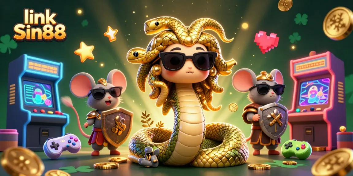 Play exciting games at link Sin88, featuring cute Medusa and a warrior mouse in a vibrant casino illustration.