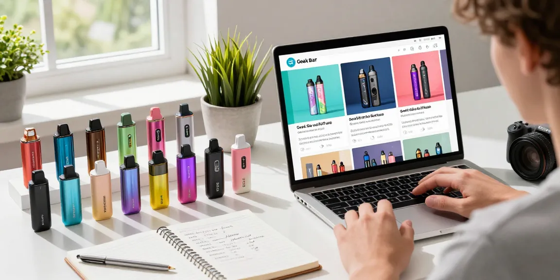Browsing the top disposable vapes shop in the USA with colorful vape devices on a modern desk.