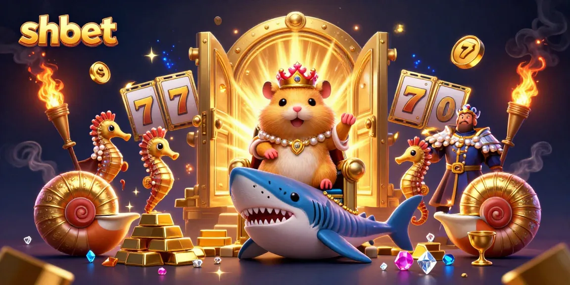 Experience shbet's thrilling casino world with the golden hamster king amid treasure and slot reels.