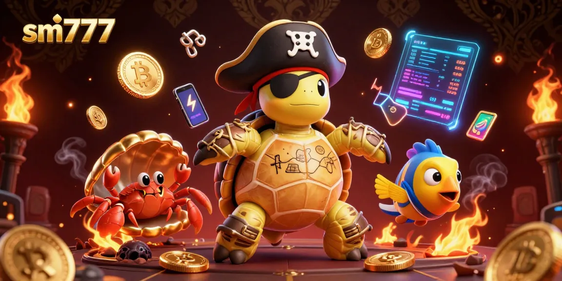 Play exciting games on sm777 with a pirate turtle and golden treasures in a vibrant 3D scene.