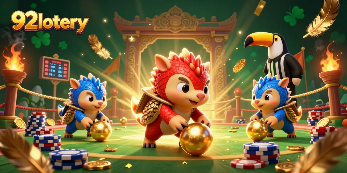 Experience thrilling gameplay at 92lottery with rival pangolins in a vibrant casino scene.