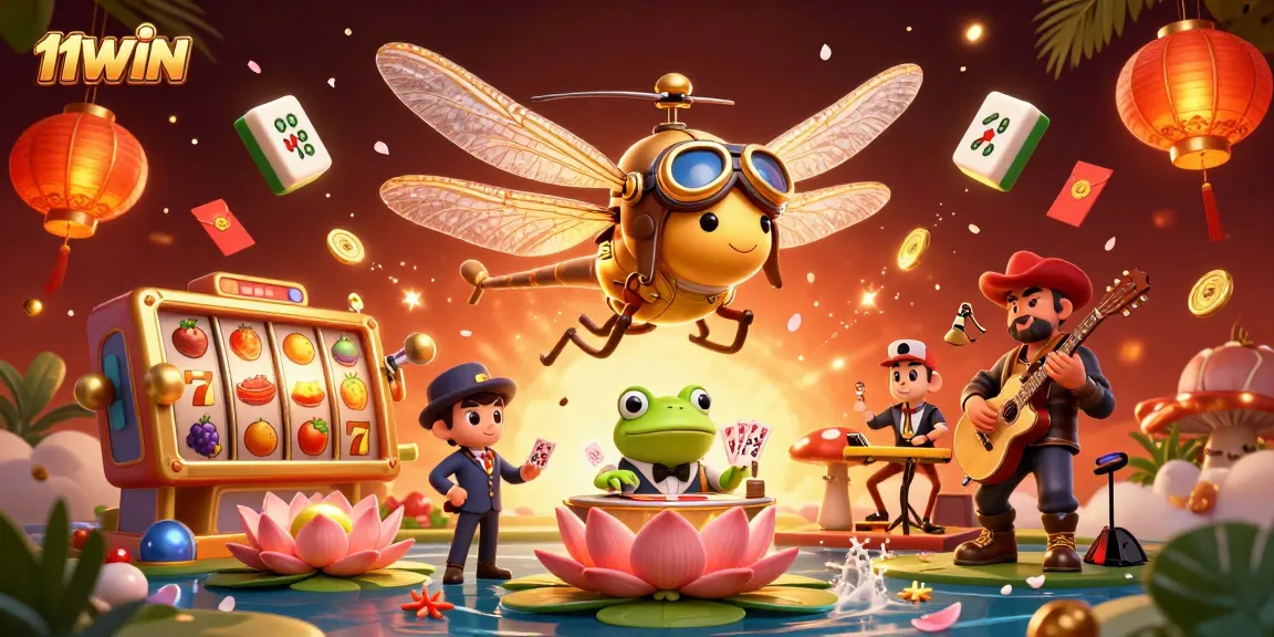 Experience 11WIN's vibrant casino scene with a dragonfly pilot, playing cards, and jazz musicians.