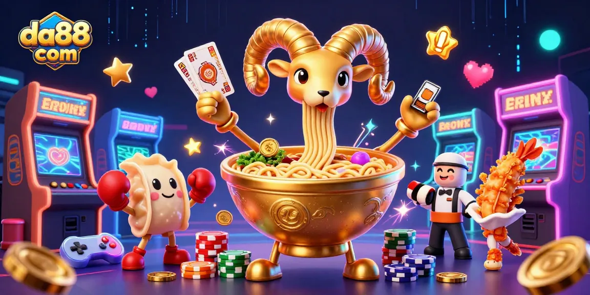 Play at da88 com with a thrilling 3D casino scene featuring a giant ramen bowl dealer and vibrant game elements.