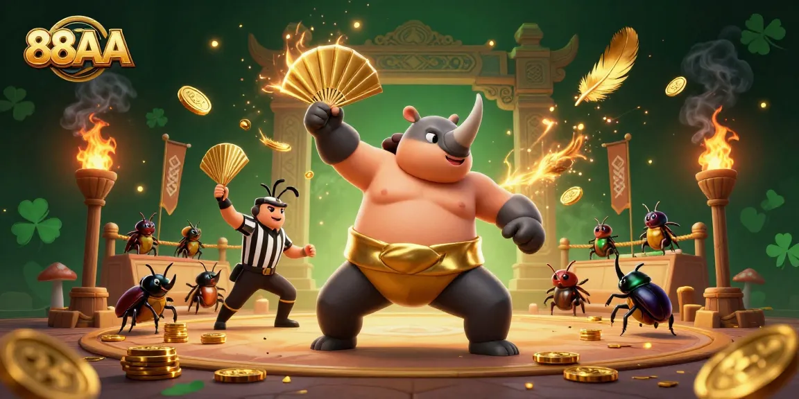 Experience thrilling entertainment at 88AA as a rhinoceros beetle champion stomps gold coins in a lively betting arena.