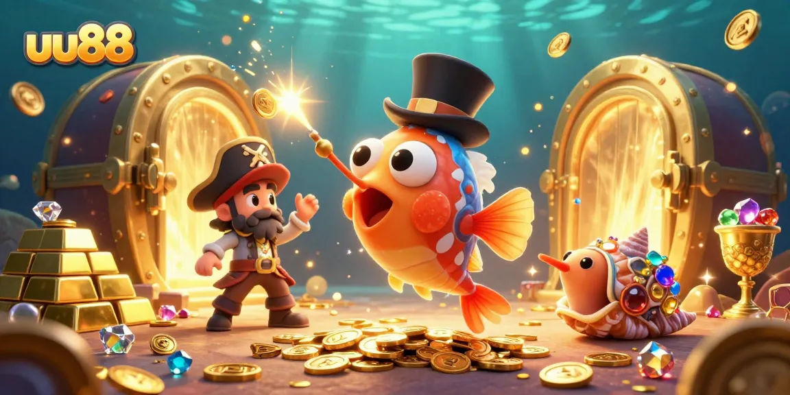 Engage in exciting jackpots with uu88's vibrant gaming scene featuring treasure-filled characters.