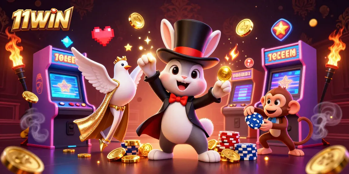Engage with the magic of 11WIN as a magician rabbit pulls golden coins amidst casino excitement.