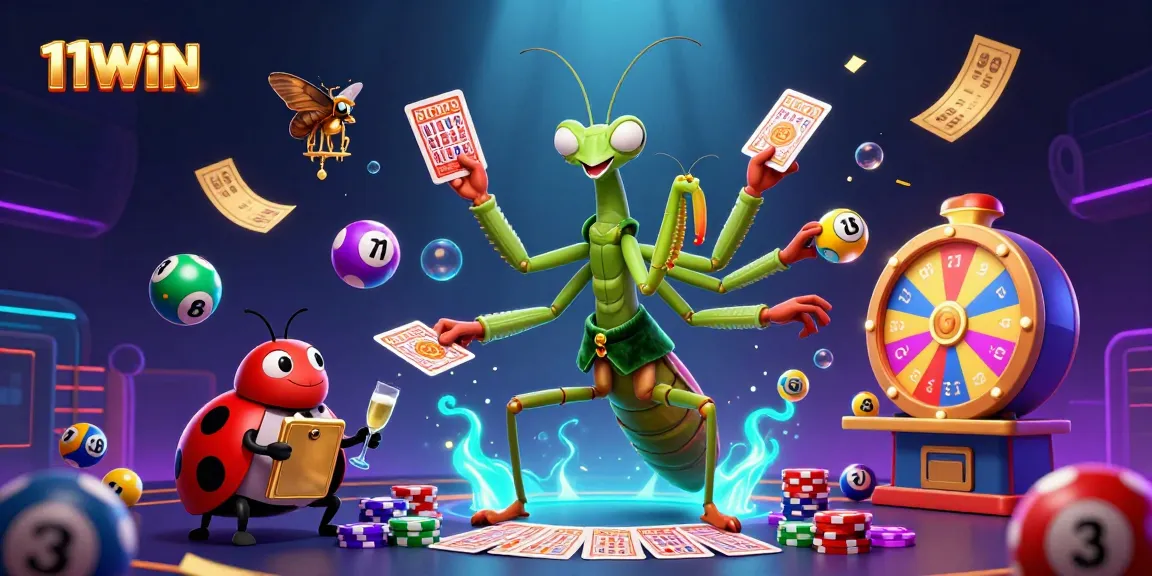 Join the excitement with 11WIN in this vibrant lottery-themed 3D illustration featuring cheerful characters.