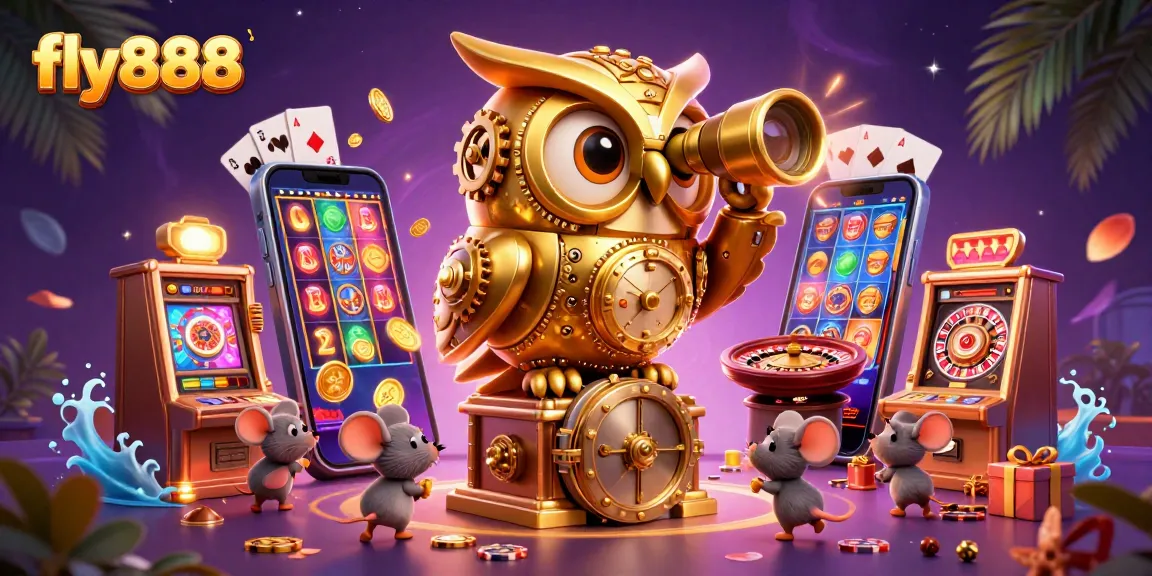 Experience thrilling gameplay at fly888 with a golden owl overseeing vibrant casino games and excited patrons.